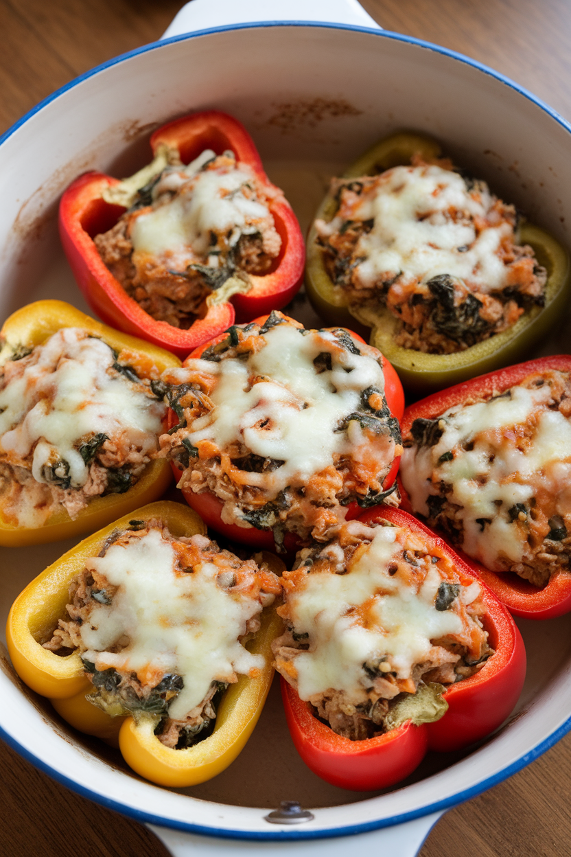 An indoor casserole of bell pepper halves filled with turkey-spinach mixture, melted cheese on top; no text or logos, photo not illustration.