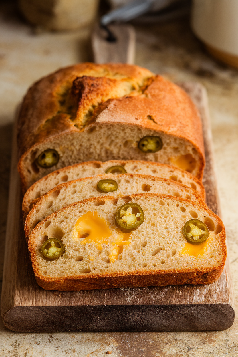 An indoor bread board holding a sliced loaf of golden almond-flour bread studded with jalapeño rounds and melted cheddar pockets. No text or logos. Photo, not illustration.