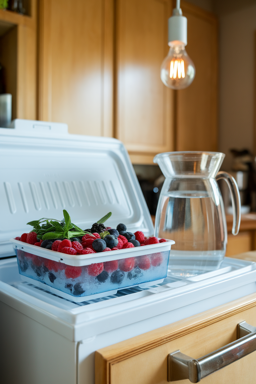 An indoor freezer drawer containing an ice tray filled with frozen berries and herbs, next to a water pitcher. No text or logos. Photo.
