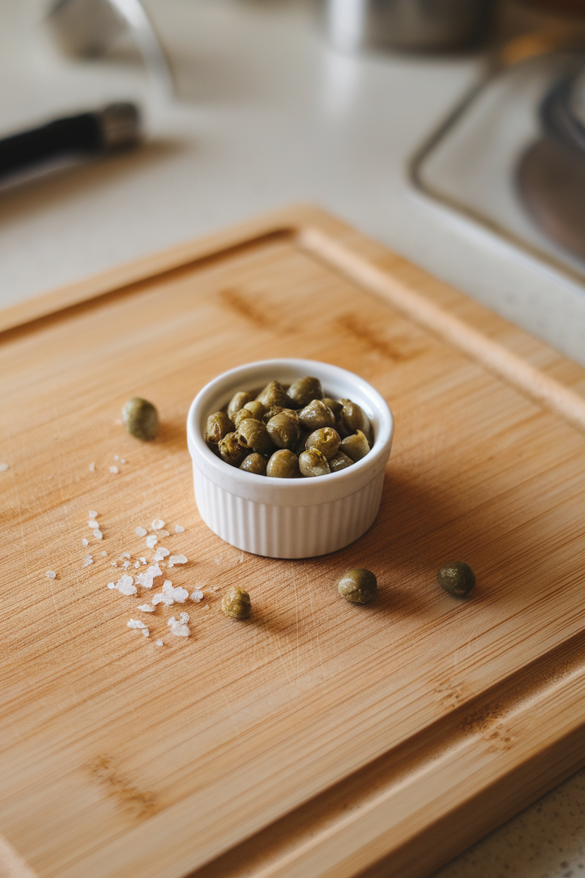 A small white ramekin of capers on an indoor wooden cutting board with a few scattered grains of sea salt, no text or logos, photo.