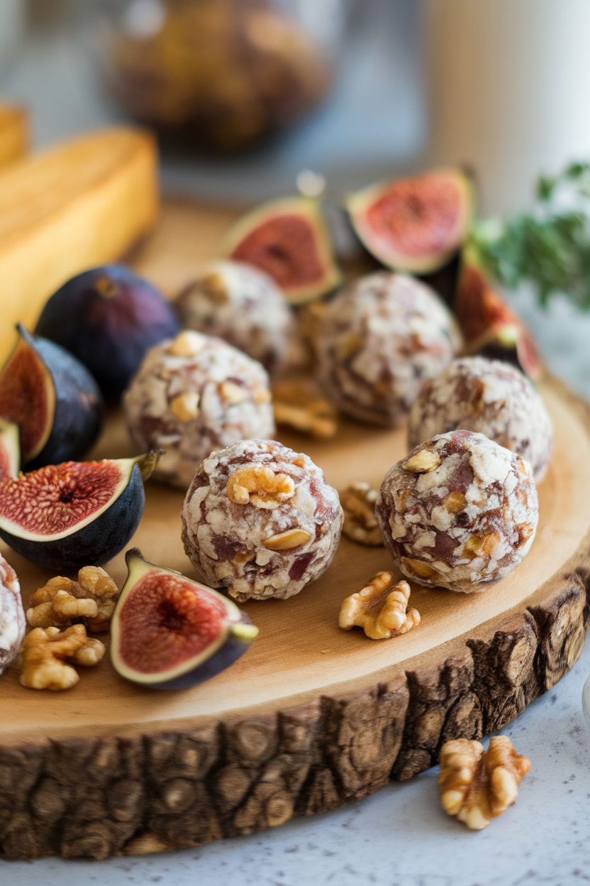 Photo of an indoor cheese-board style platter featuring fig and walnut energy balls, tiny fig seeds visible. No text or logos.