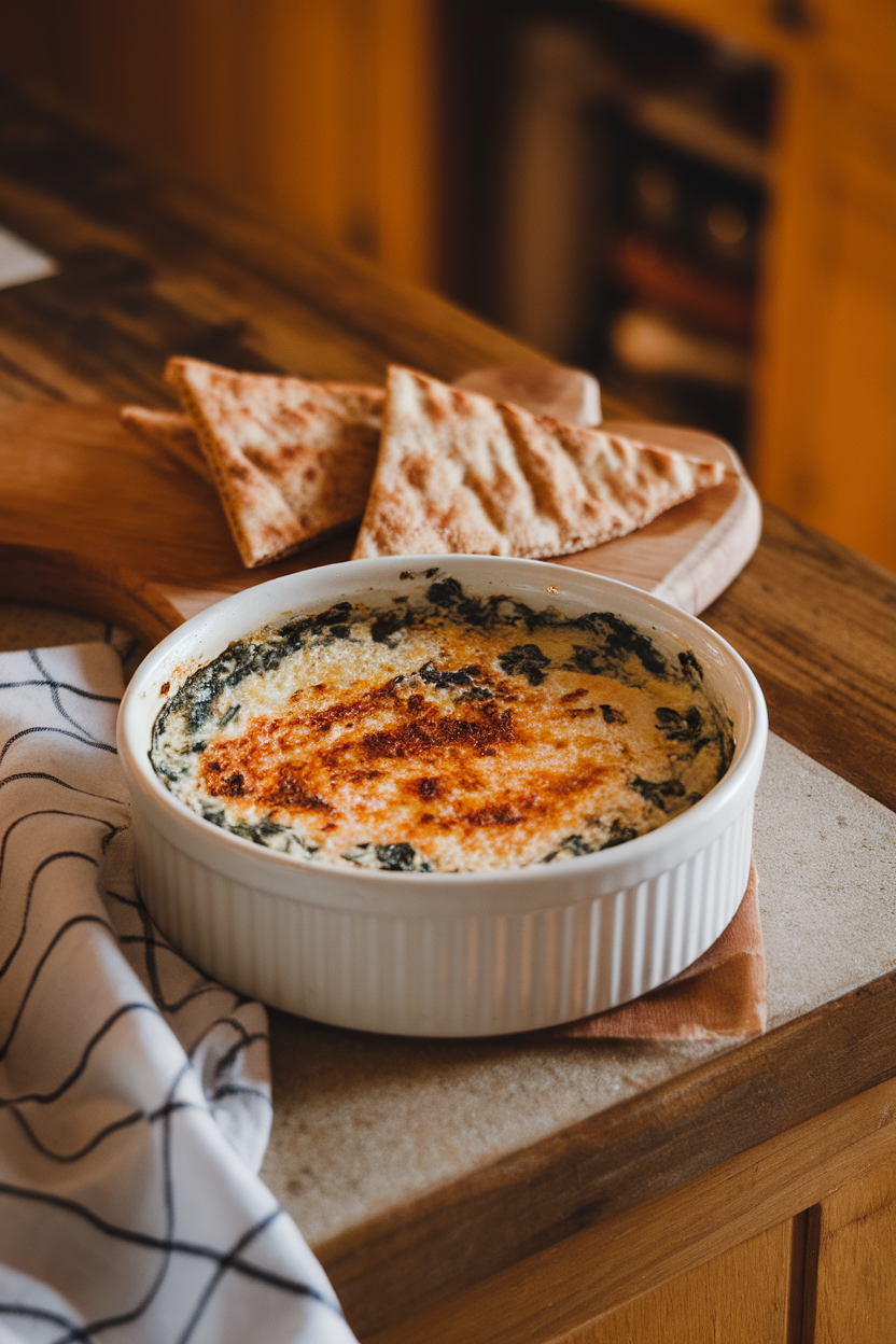 An indoor kitchen island displaying a shallow ramekin of bubbling spinach artichoke dip made with Greek yogurt, lightly browned on top. Whole-grain pita triangles rest beside the dish. Warm, cozy lighting; no visible text or logos. Photo only.