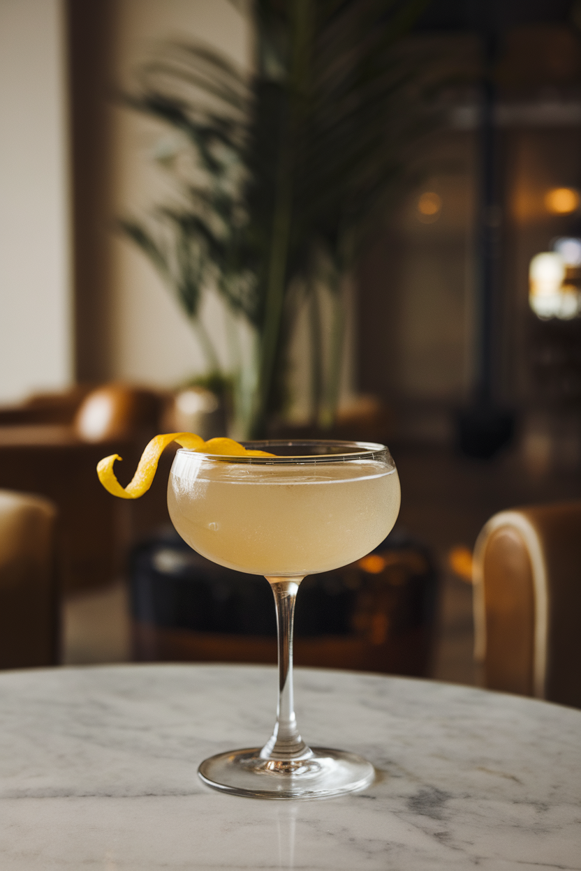 An indoor cocktail lounge table showing a coupe glass filled with a pale golden French 75, complete with a skinny lemon twist draped over the rim. Photo, not illustration. No text or logos.