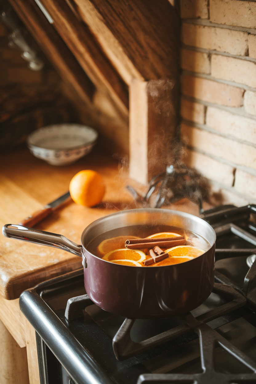 A saucepan of steaming apple cider with floating cinnamon sticks and orange slices, indoors. No text or logos.