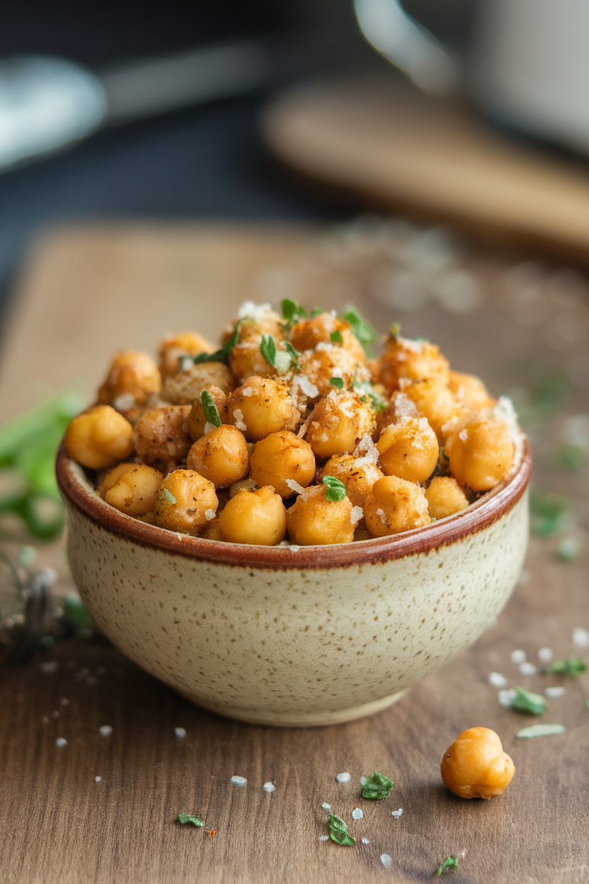 Indoor small ceramic bowl filled with crunchy roasted chickpeas coated in Parmesan and herbs. No text or logos anywhere.