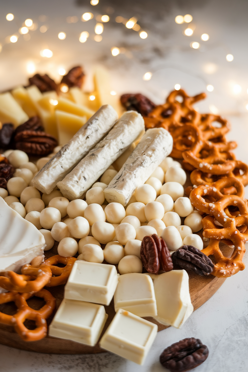 Indoor close-up of an all-white cheese board featuring goat cheese logs, mozzarella pearls, white chocolate bark, and yogurt-covered pretzels; fairy lights blurred behind, no logos