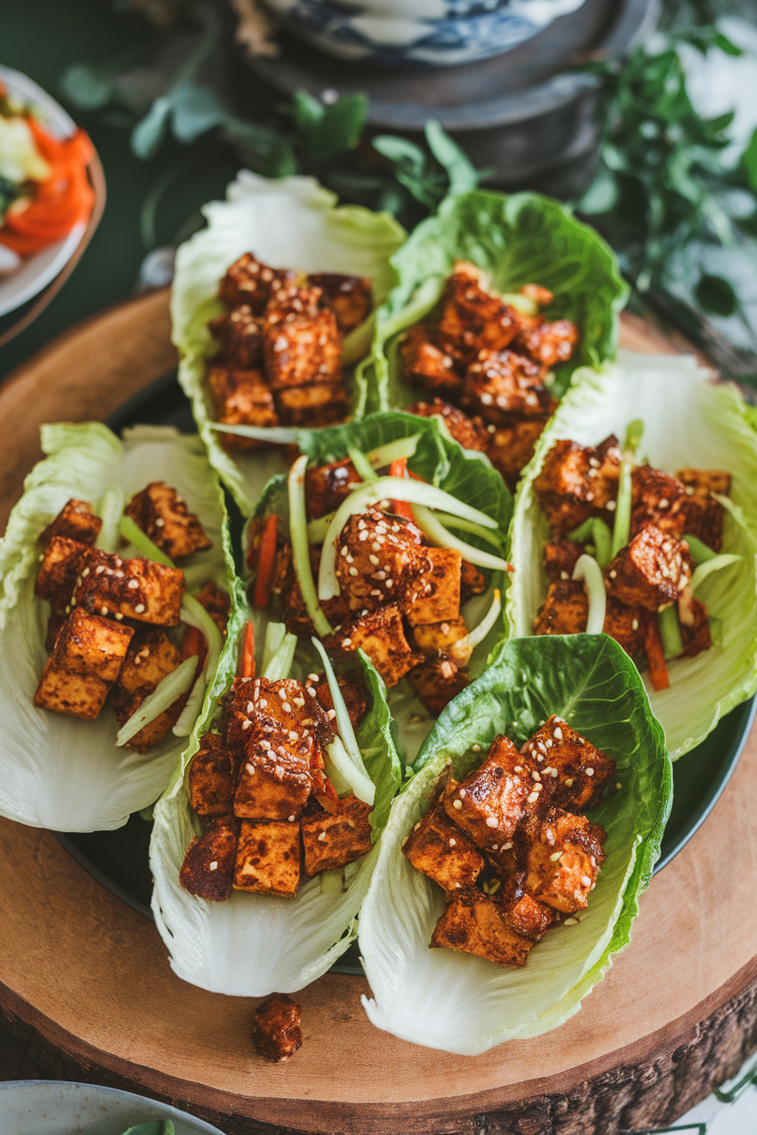 An indoor platter of crisp romaine leaves filled with spicy sautéed tofu crumbles and julienned vegetables, sesame seeds sprinkled on top. No text or logos shown.
