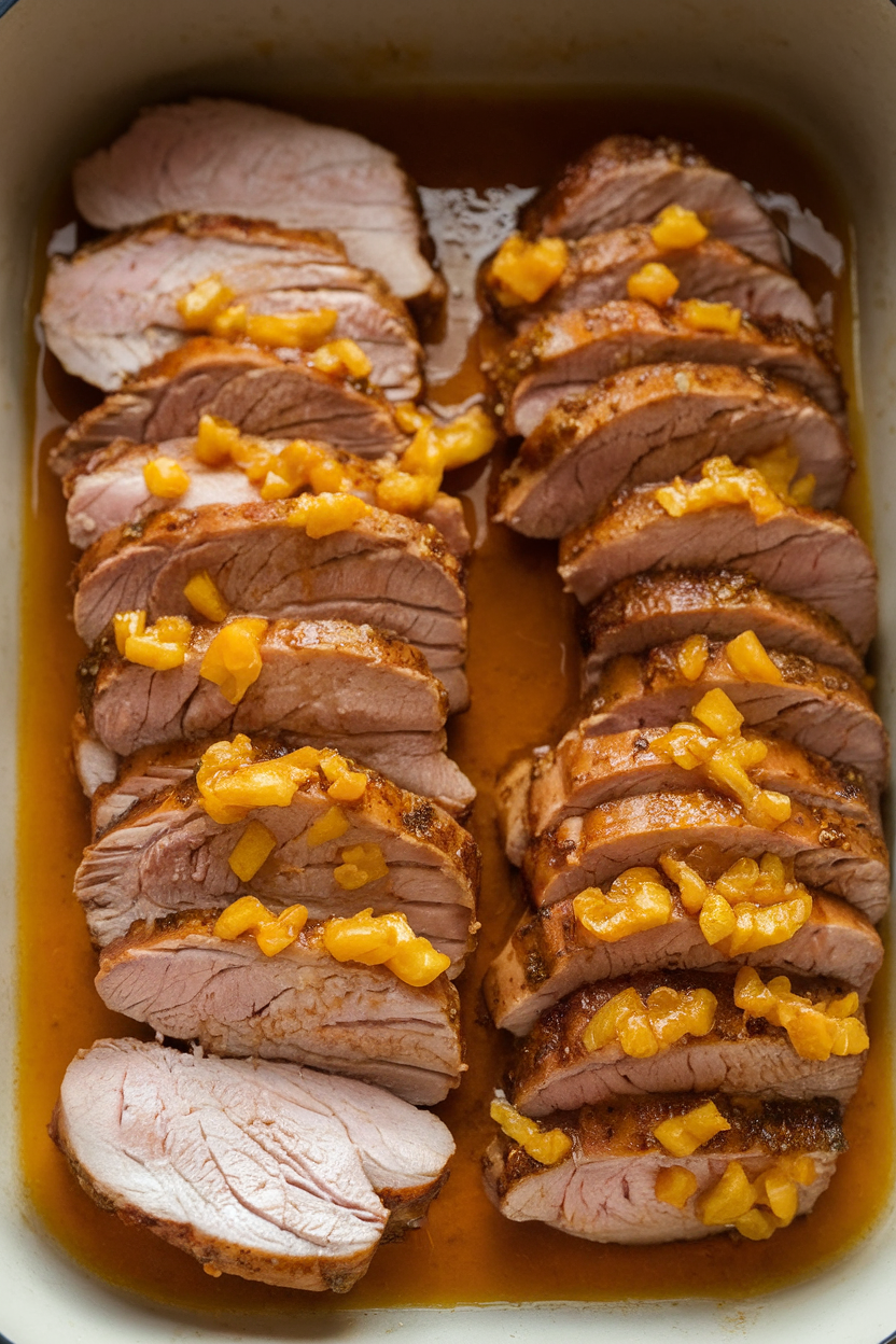 Indoor photo of sliced pork tenderloin glazed with orange ginger sauce, arranged in a shallow dish, no text or logos.