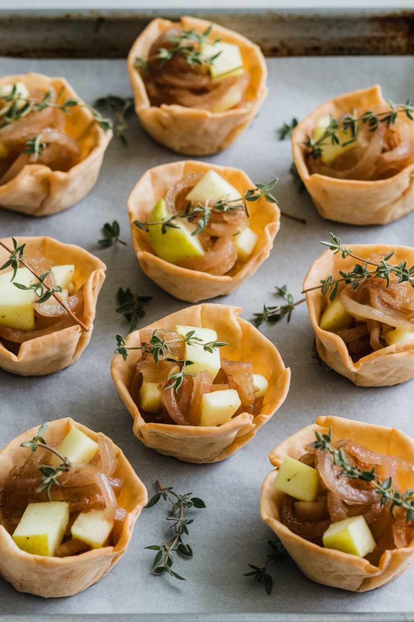Indoor photo of bite-sized whole-wheat phyllo cups filled with caramelized onion and diced apple mixture, garnished with fresh thyme, on a baking tray. No visible text or logos.