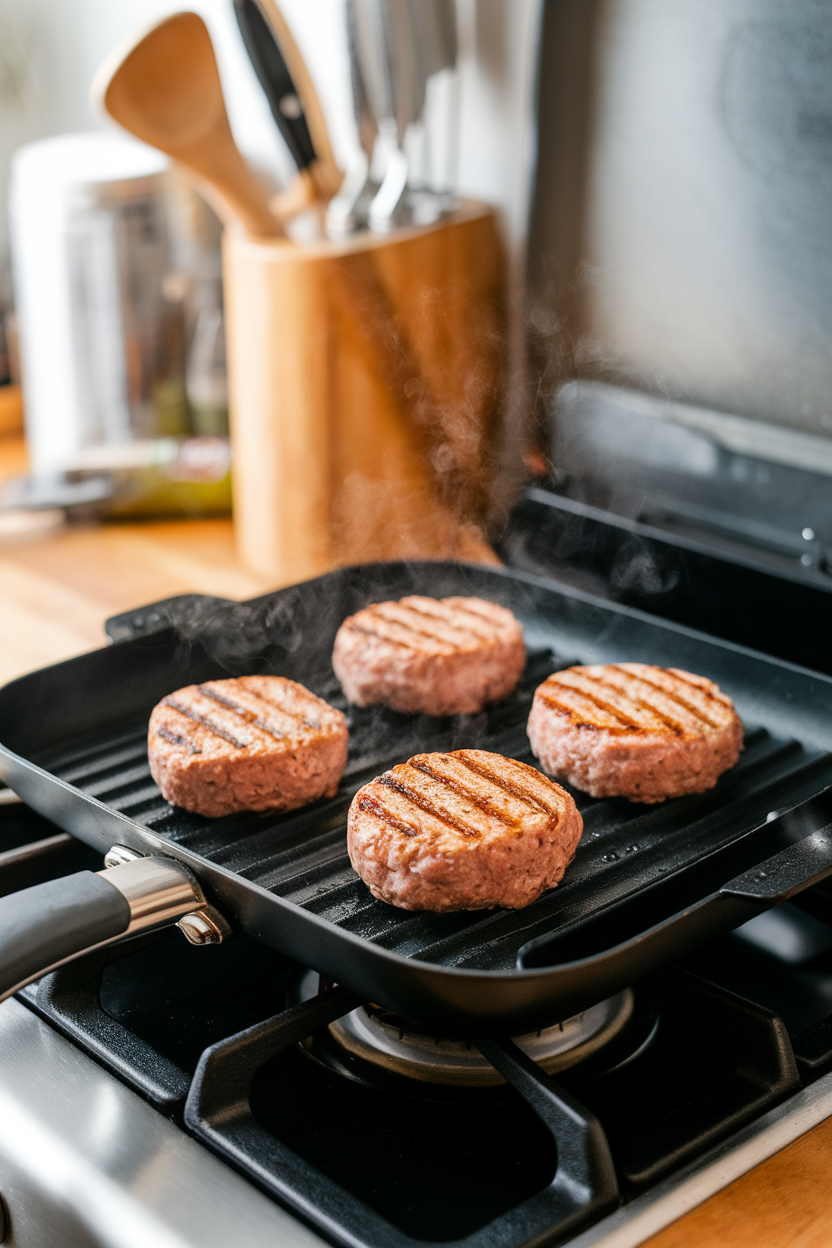 Indoor kitchen photo of a stovetop grill pan with sizzling turkey burgers, slight steam visible, no text or logos