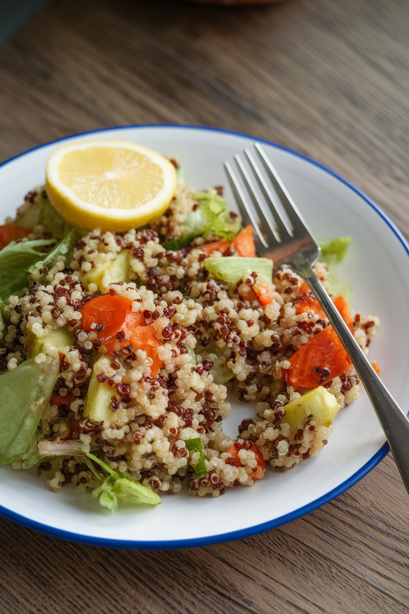 A fork resting on a half-eaten indoor plate of quinoa salad, suggesting a pause in eating. No text or logos. Photo, not illustration.