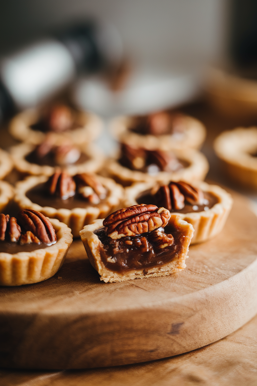 Indoor photo of small tartlets with glossy pecan filling, one tart cut to show gooey interior. No text or logos.