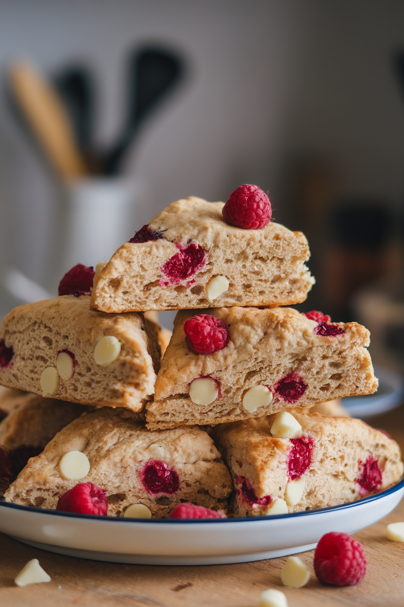 A white plate indoors stacked with triangular scones dotted with raspberries and white chocolate chunks. No text or logos. Photo, not illustration.
