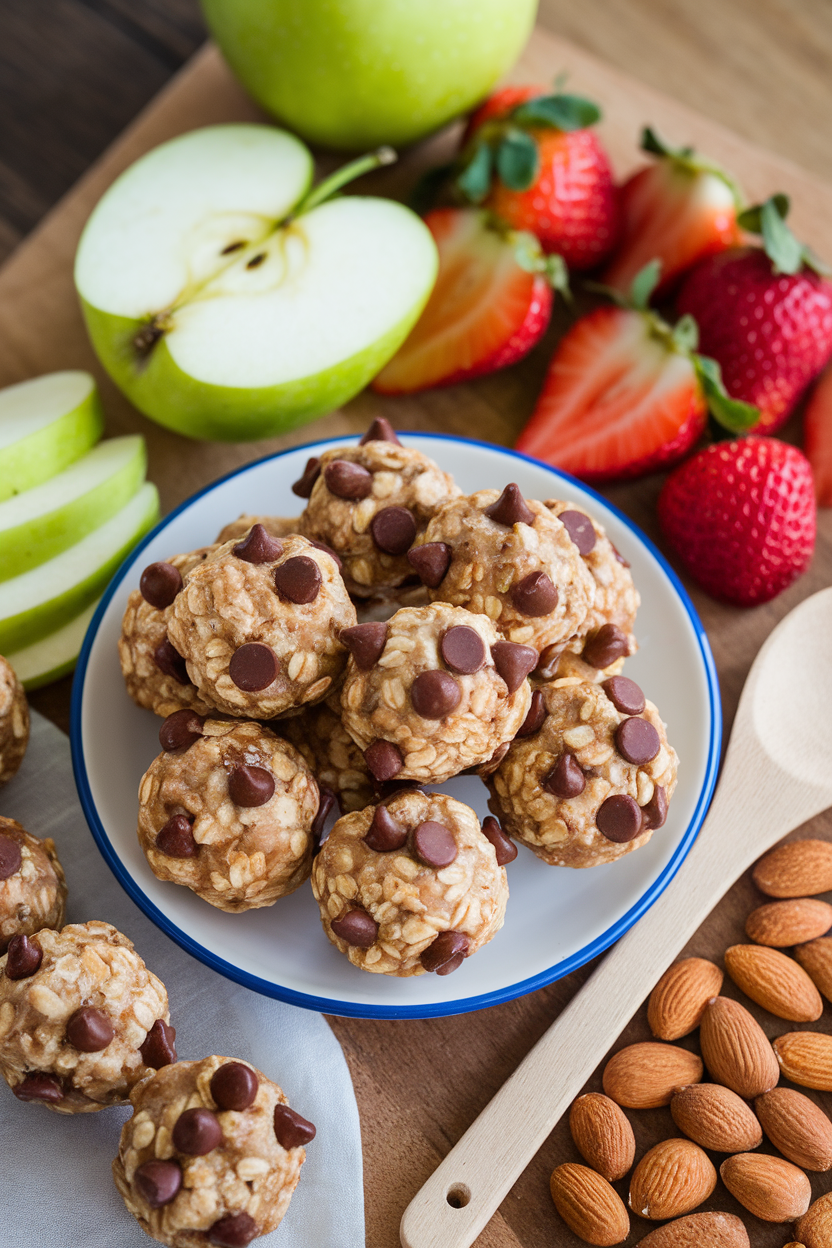 An indoor snack board with small round oatmeal energy bites dotted with mini chocolate chips. No text or logos.