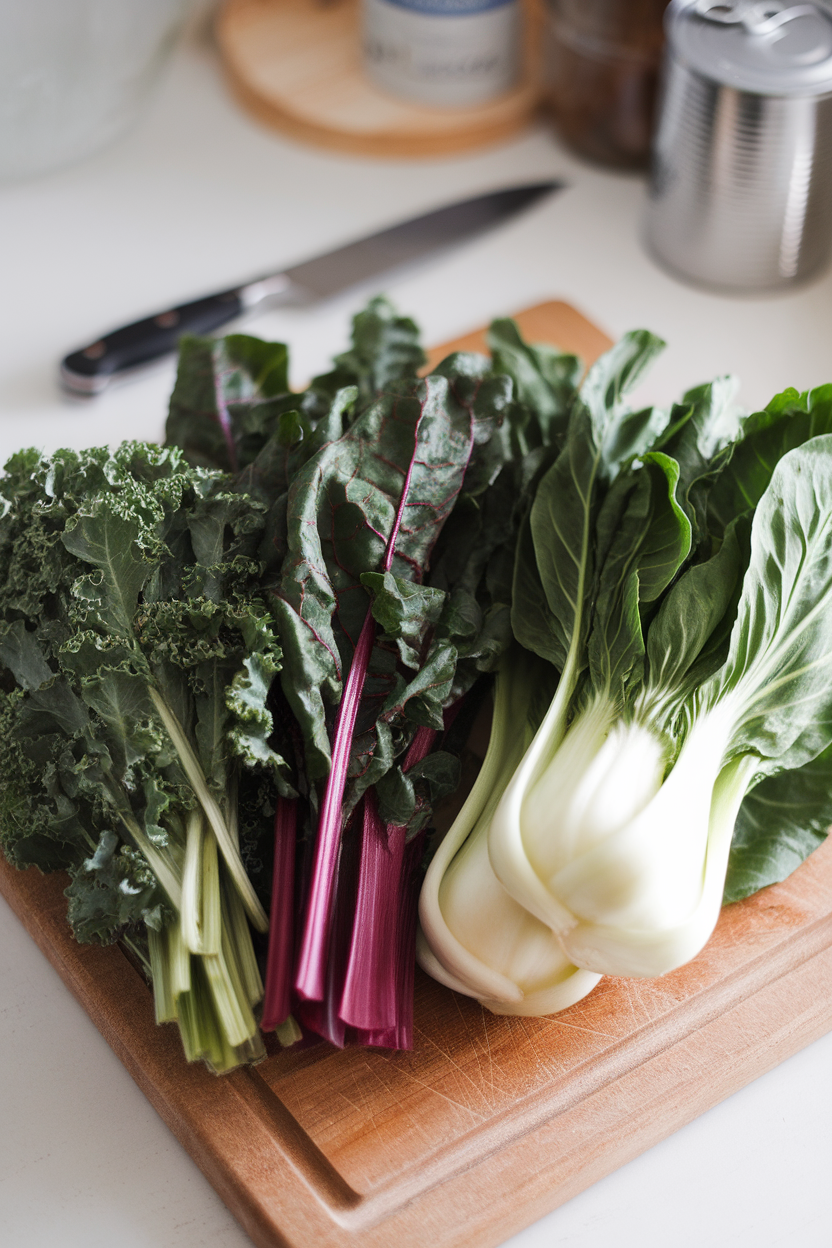 A cutting board with kale, Swiss chard, and bok choy arranged side by side indoors; no text or logos; photo