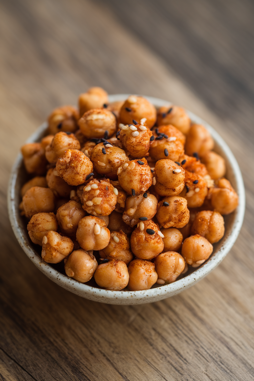 Indoor photo of a small bowl of crispy roasted chickpeas coated in sesame seeds and ginger spice; no text or logos.