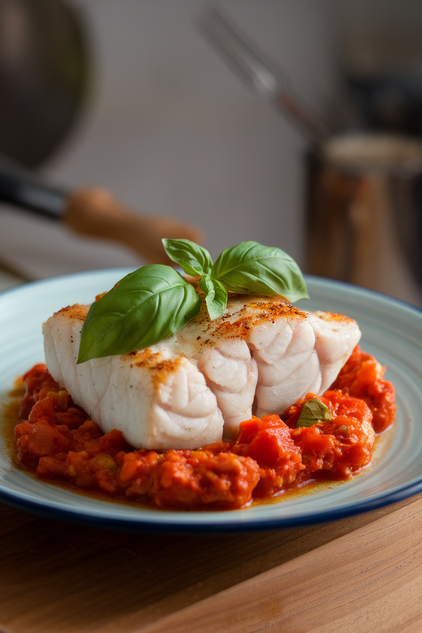 An indoor plate holding tender baked cod fillet over a chunky tomato-olive sauce, garnished with basil; no text or logos.
