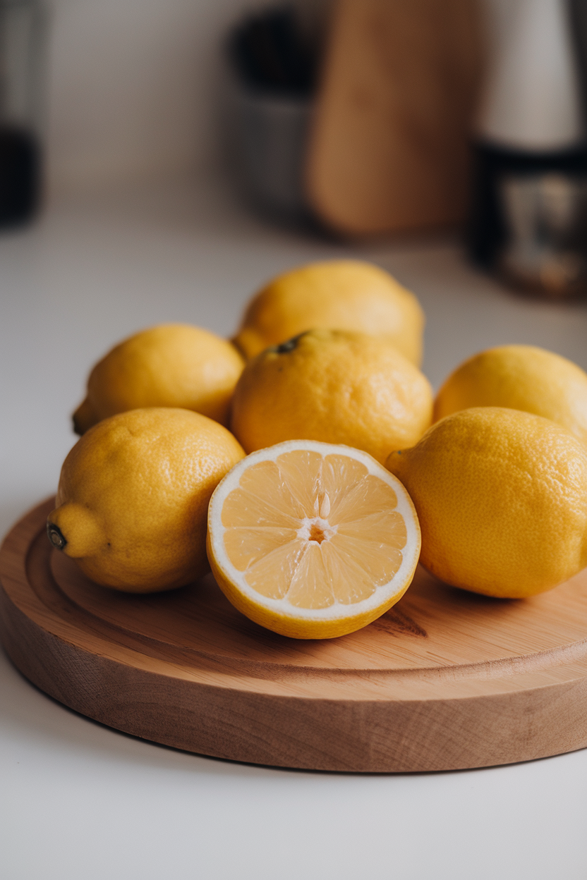 A well-lit indoor wooden board with whole lemons and one sliced to reveal juicy interior, no text or logos.