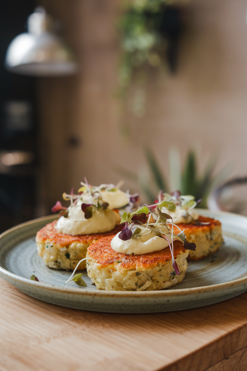 Indoor photo of golden pan-seared crab cakes on a ceramic plate with a dollop of lemon aioli and microgreens. No logos, no text.