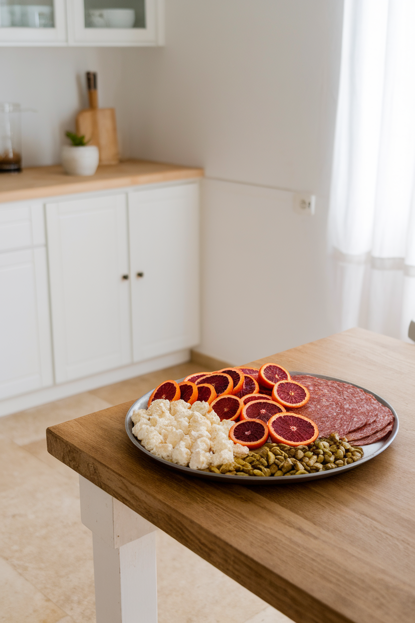 Indoor bright kitchen with a platter of blood orange segments, ricotta salata, fennel salami, and pistachios; no logos or text present.