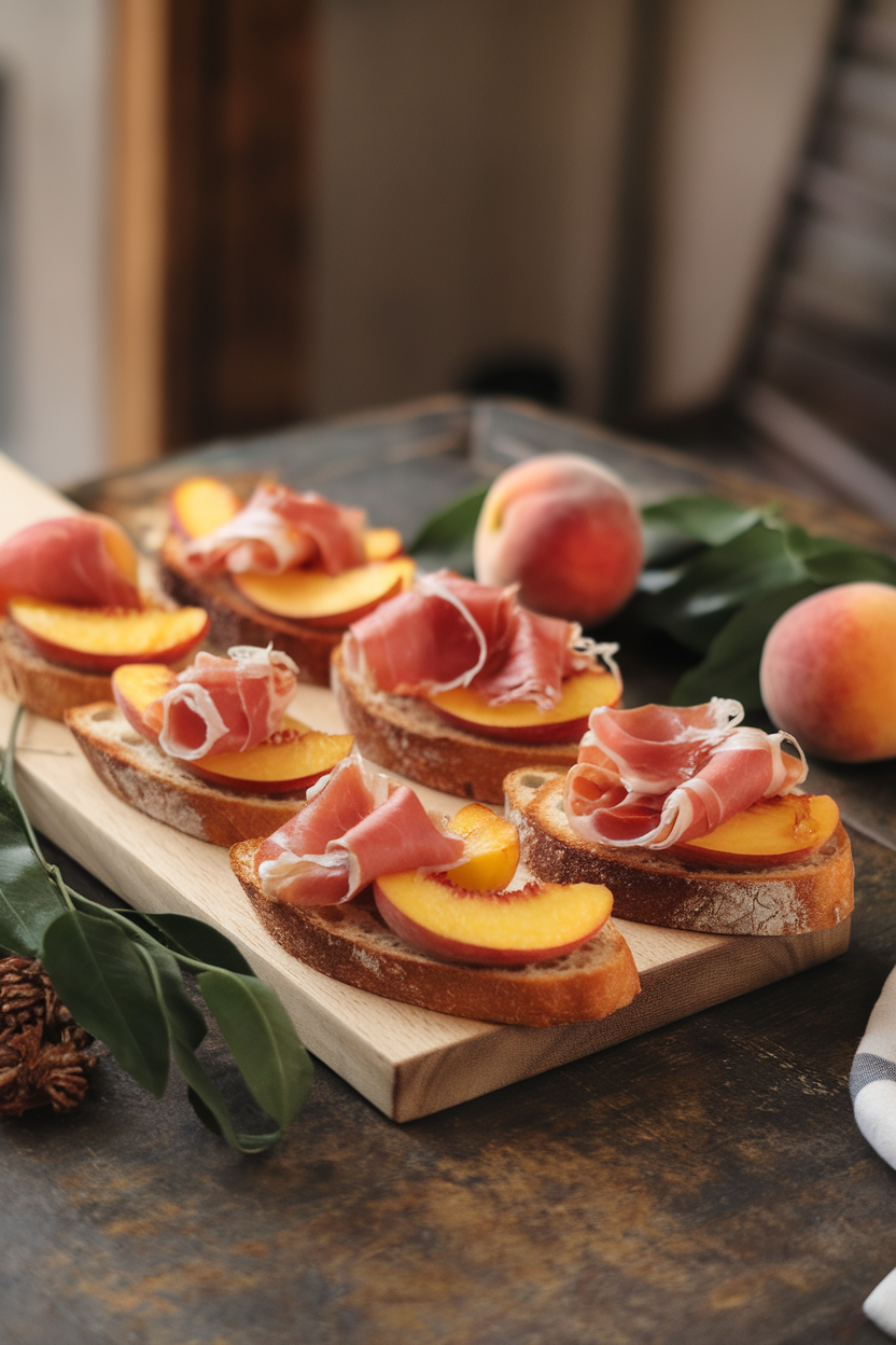 An indoor board with toasted baguette slices topped with peach slices, prosciutto ribbons, and a drizzle of honey, no text or logos.