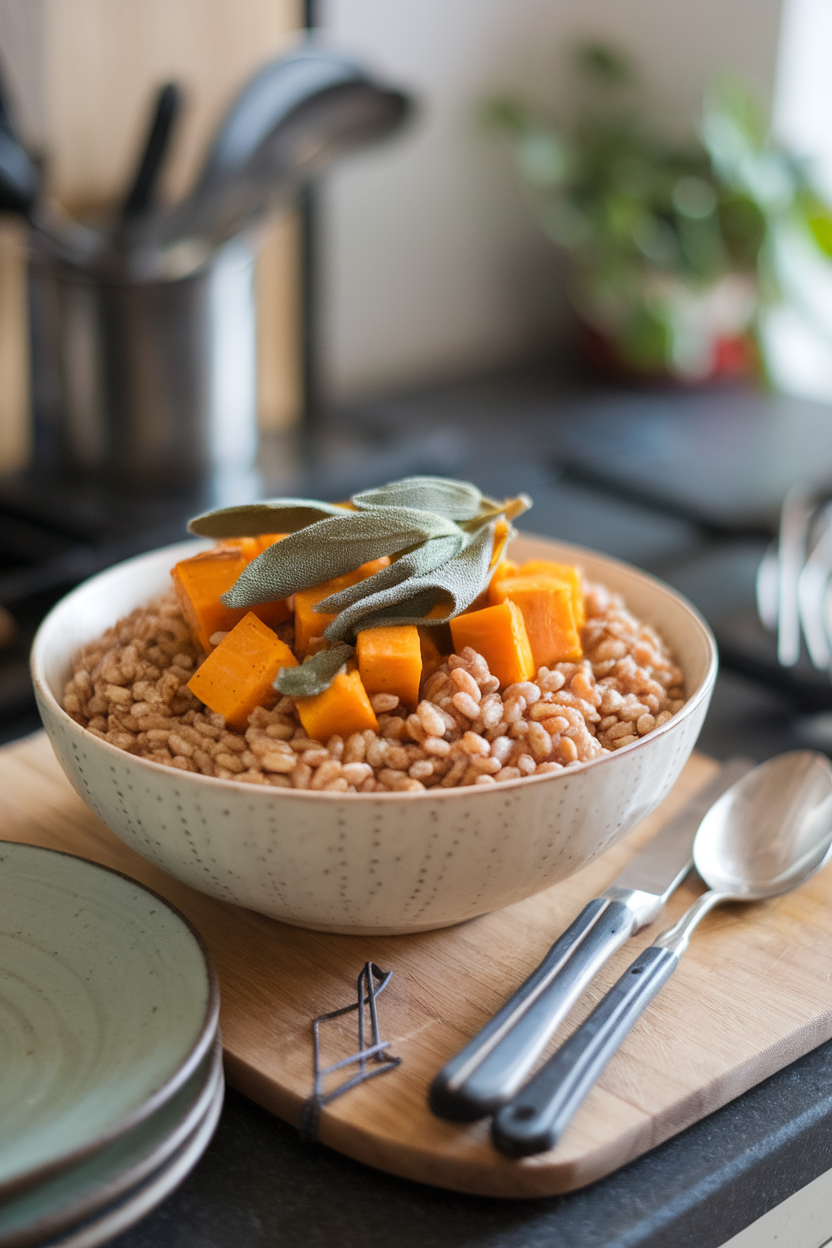 Photo of a grain bowl filled with farro, roasted butternut cubes, and crispy sage leaves, set on an indoor countertop. No text or logos.