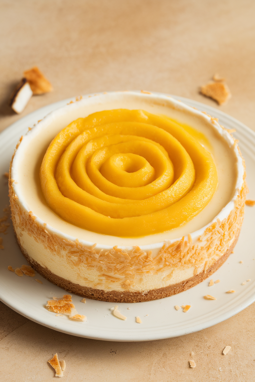 Indoor photo of creamy cheesecake topped with mango puree swirl and toasted coconut rim, no text or logos