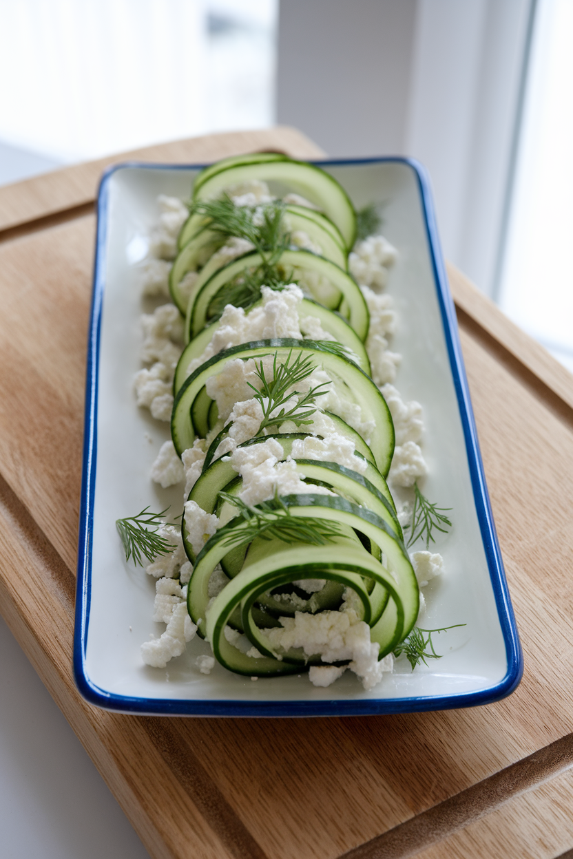 Photo of an indoor rectangular plate featuring thin cucumber ribbons rolled around crumbled feta and dill; bright indoor daylight, no text or logos
