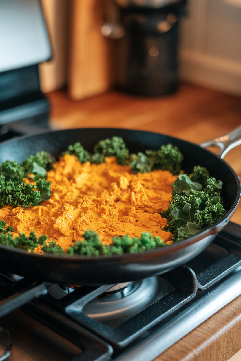 Photo of a skillet on an indoor stovetop holding turmeric-colored tofu scramble mixed with bright green kale. Warm kitchen lighting, no visible text.