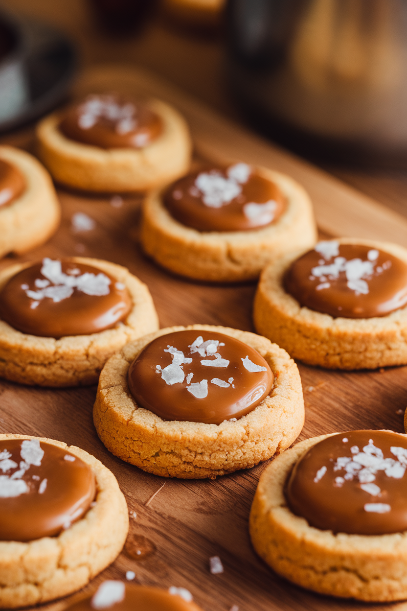 A close-up indoor photo of thumbprint cookies filled with gooey caramel, flaky sea salt sprinkled on top. Warm lighting, no text or logos.</Prompt
