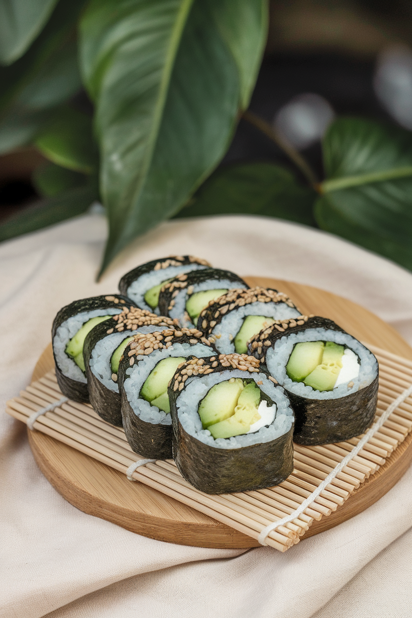 Indoor bamboo board featuring sliced vegetable sushi rolls filled with avocado and cucumber, sprinkled with sesame seeds. No text or logos in frame.