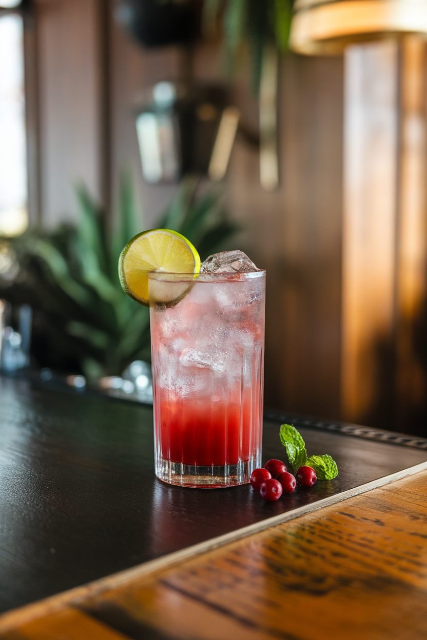 Indoor bar counter with a tall glass of cranberry lime rickey, crushed ice, lime wheel tucked inside. Photo, no text or logos.