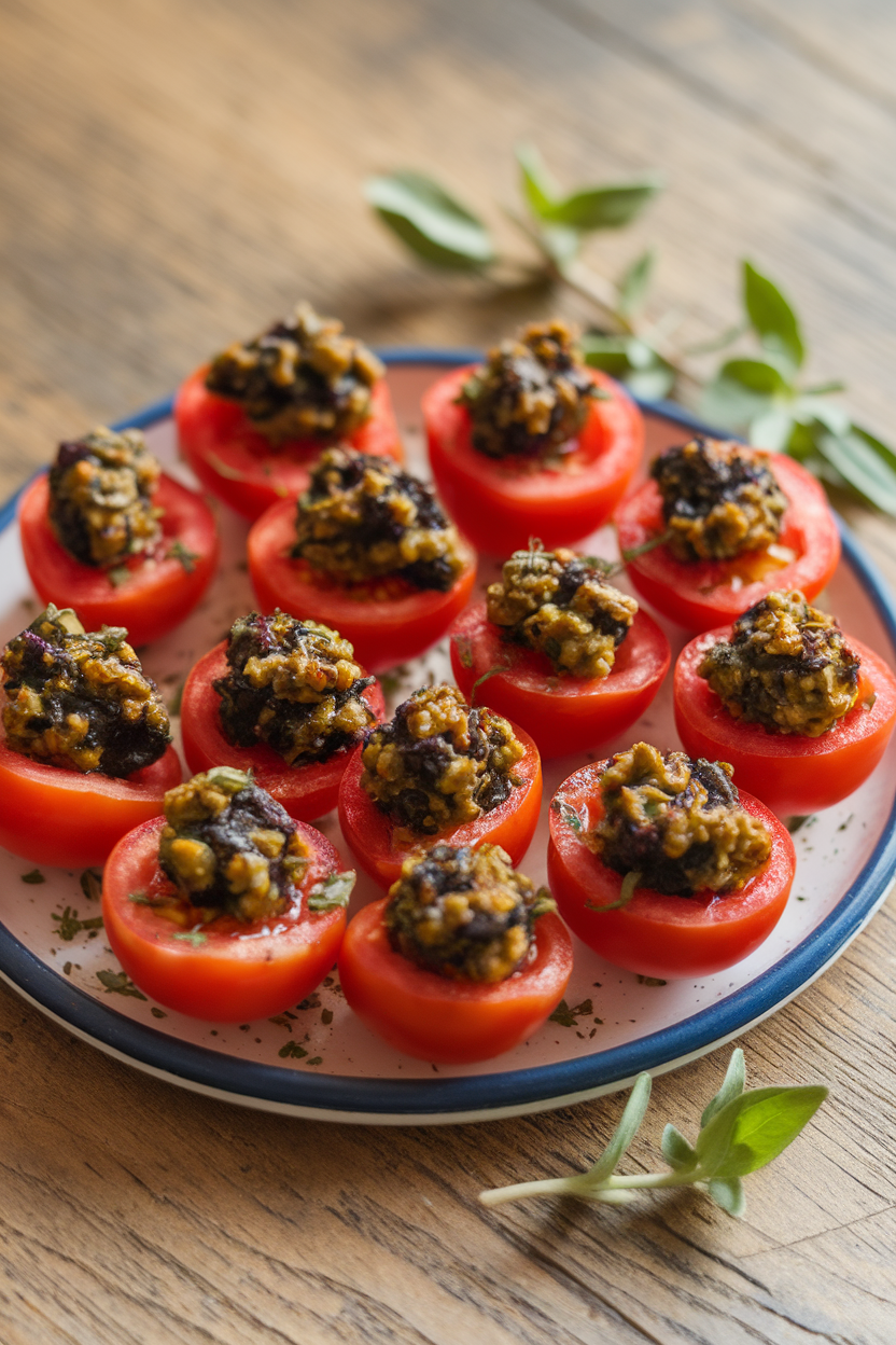 Indoor photo of halved cherry tomatoes topped with black olive tapenade and a sprinkle of oregano, placed on a small platter. No text or logos.