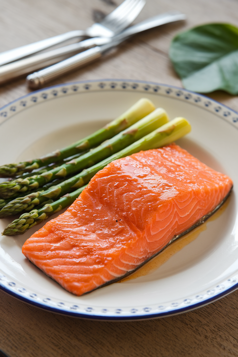 Indoor dinner plate showing a four-ounce cooked salmon fillet glossy with maple-dijon glaze, five asparagus spears neatly aligned. No text or logos.