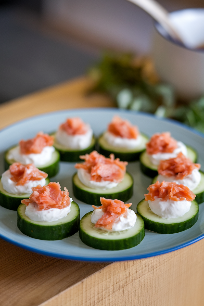 Indoor photo of cucumber rounds topped with flakes of cooked smoked trout and a dollop of crème fraîche. No text or logos.