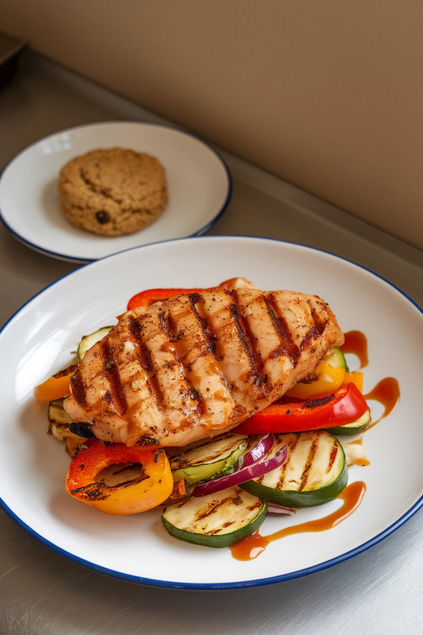 Photo of an indoor plate featuring grilled chicken and vegetables, with a small cookie on a side dish. No text or logos.