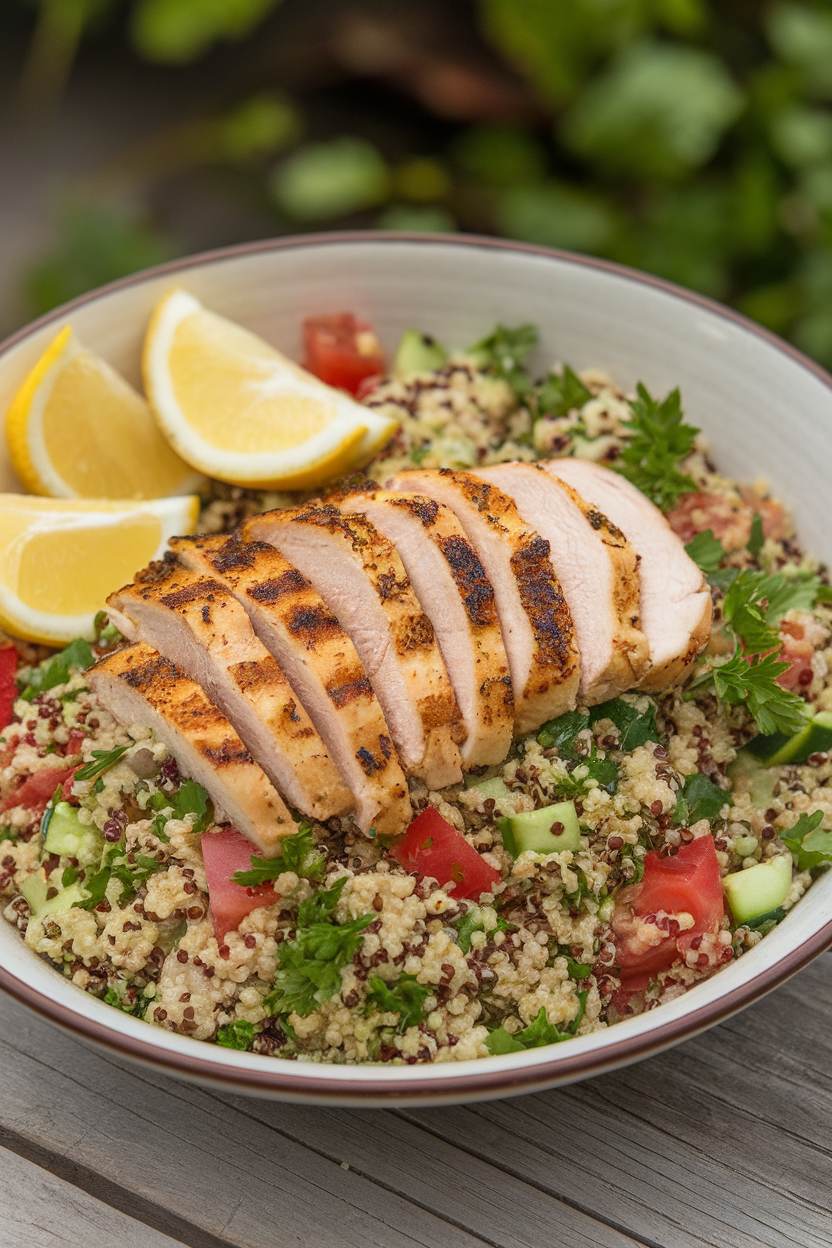 An indoor photo of a shallow bowl brimming with vibrant quinoa tabbouleh topped with sliced grilled chicken breast and lemon wedges. No text or logos.