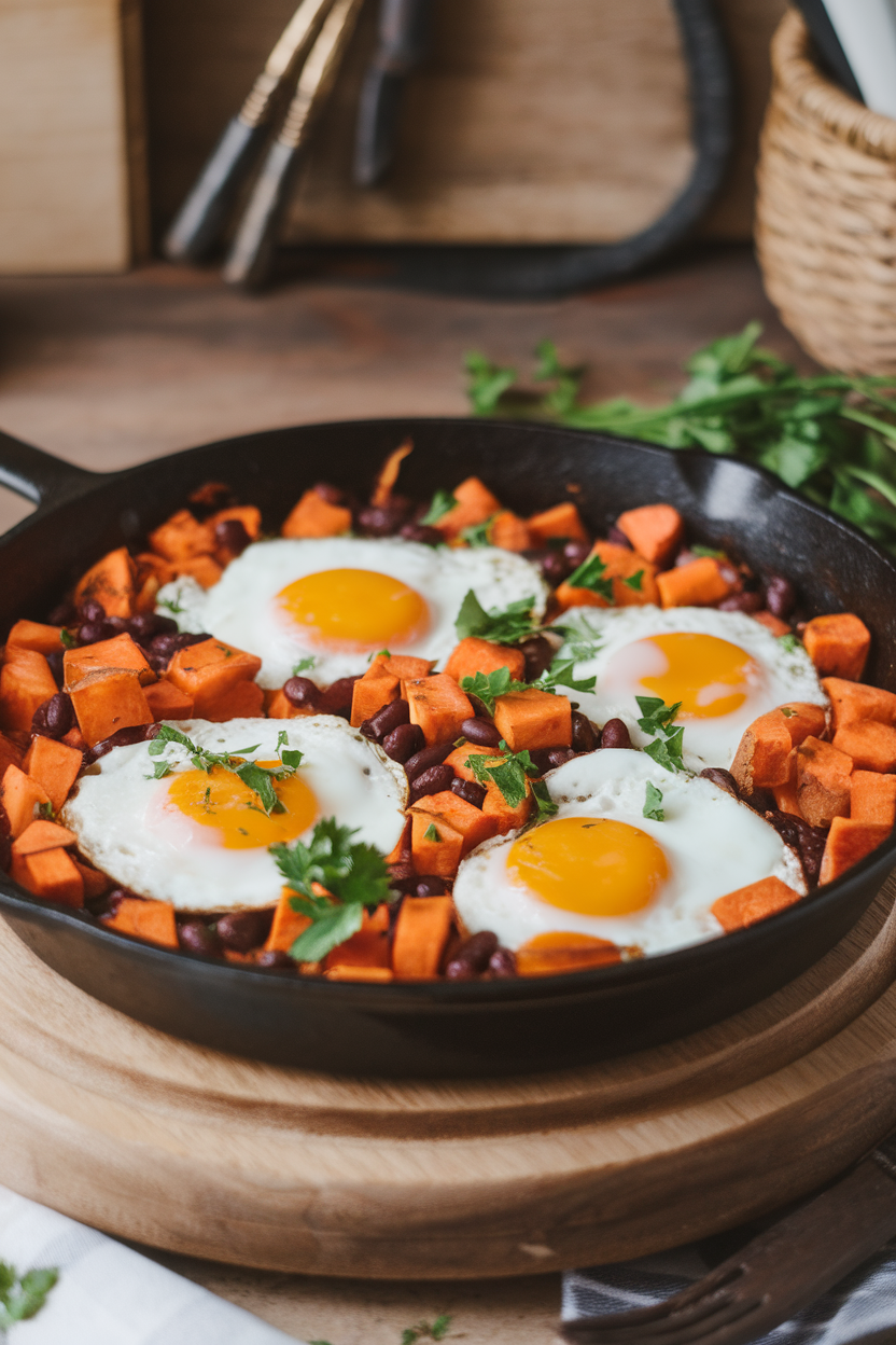Photo of a skillet of diced sweet potatoes, black beans, and bell peppers topped with sunny-side eggs, indoor brunch vibe. No text or logos.</Prompt