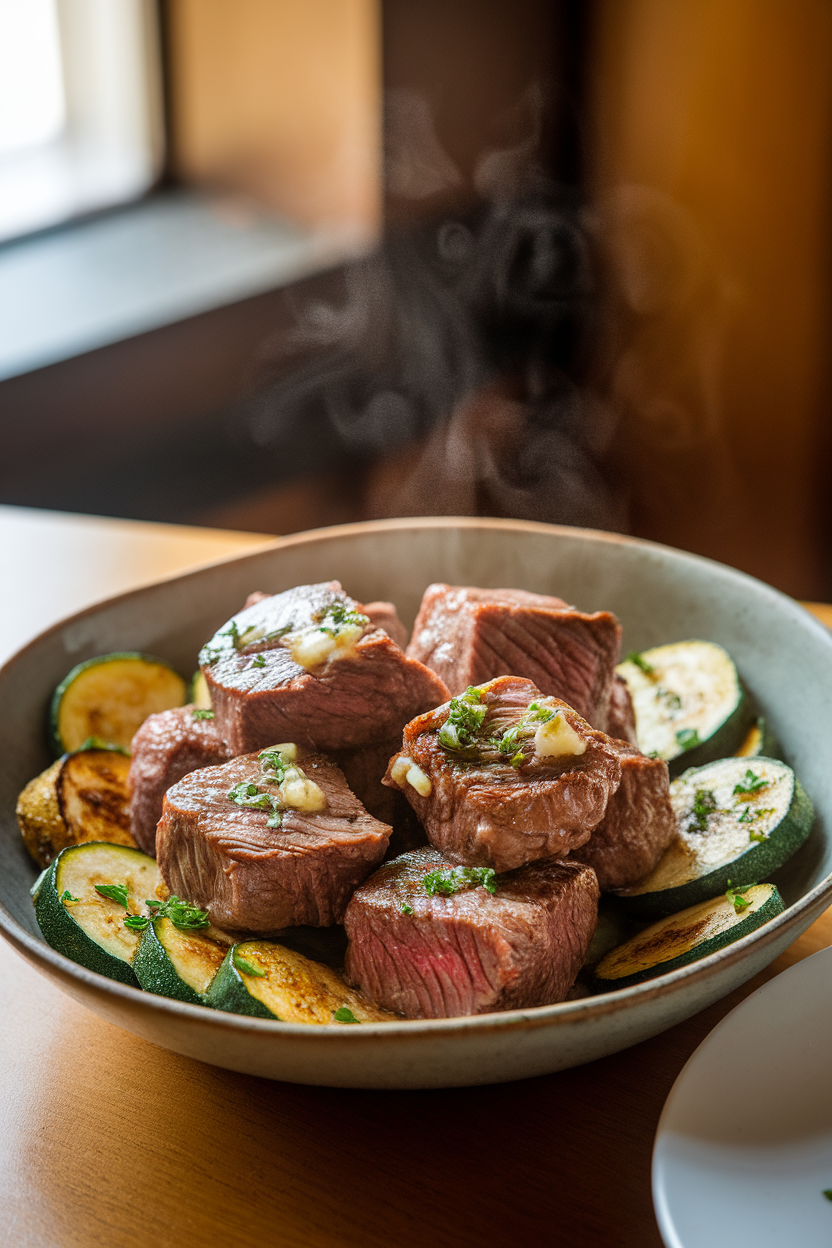 A warmly lit indoor table scene showing a shallow bowl filled with seared steak cubes glistening with garlic butter, nestled beside sautéed zucchini rounds sprinkled with parsley. Steam rises gently, and no text or logos appear anywhere in the photo. Photo, not illustration.