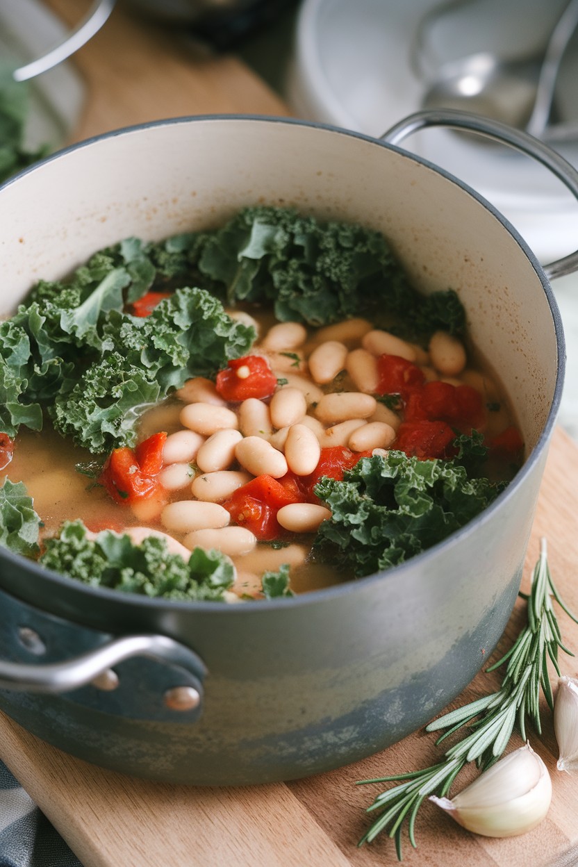 Indoor photo of a rustic pot filled with kale, cannellini beans, and diced tomatoes in a light broth; no text or logos.