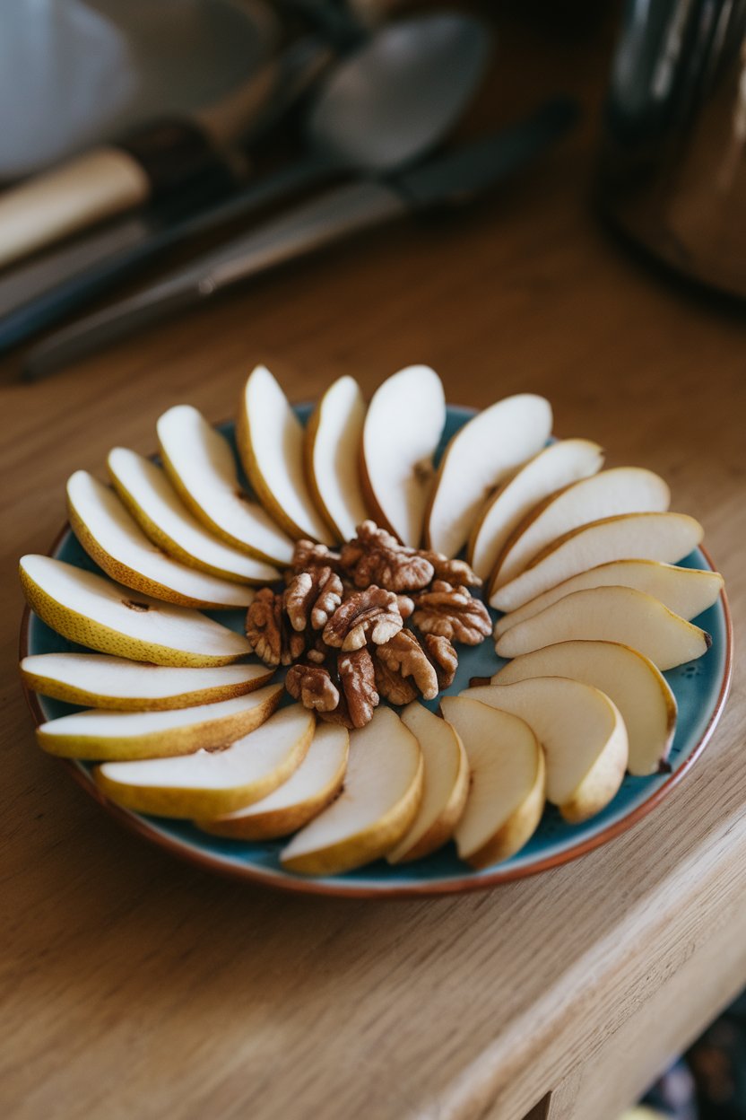 A small indoor plate featuring thin pear wedges arranged in a fan with a cluster of walnut halves in the center. No text or logos. Photo.