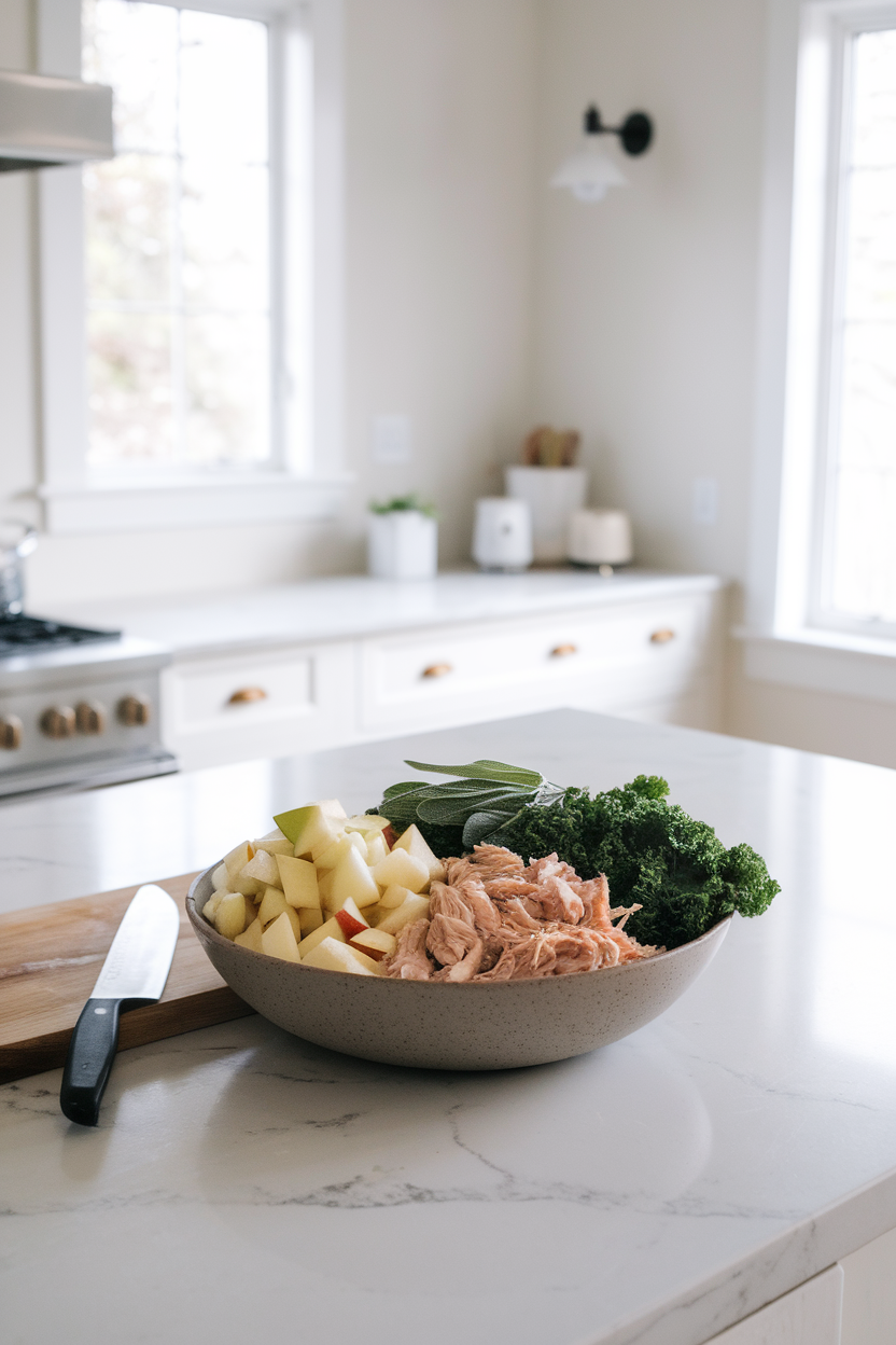 Indoor kitchen island with a bowl of diced apple, shredded chicken, chopped fresh sage, and baby kale — no text or logos