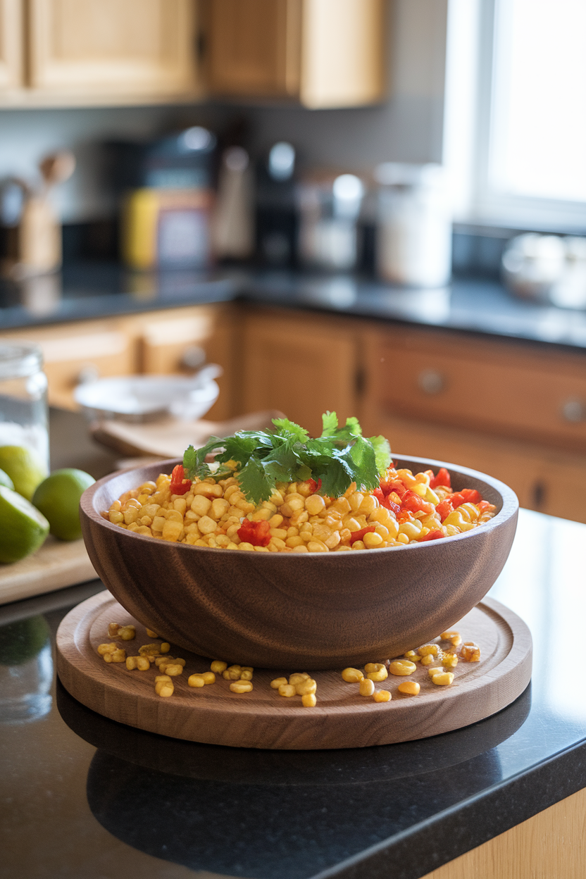 An indoor kitchen island with a serving bowl of roasted corn kernels and diced red peppers sprinkled with cilantro. No text or logos. Photo.
