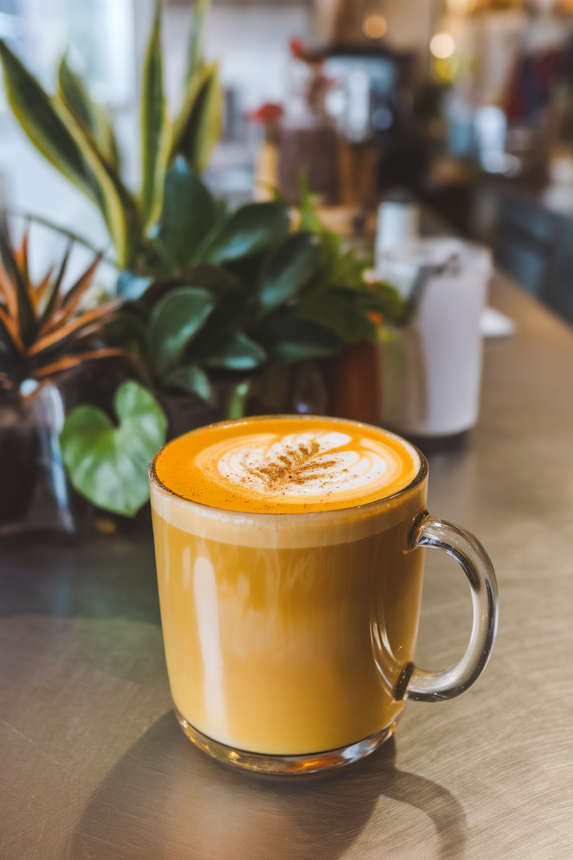 Indoor café counter displaying a glass mug of orange-tinted sweet potato latte, milk foam leaf art, dusting of nutmeg. Photo, no text or logos.