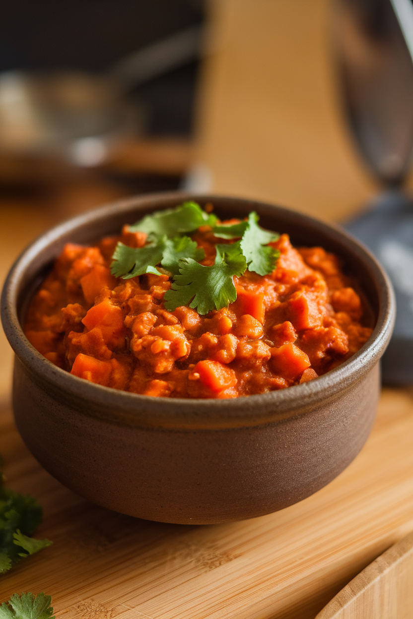 Indoor photo of a ceramic bowl filled with cooked turkey and sweet potato chili, garnished with cilantro; warm lighting, no text or logos