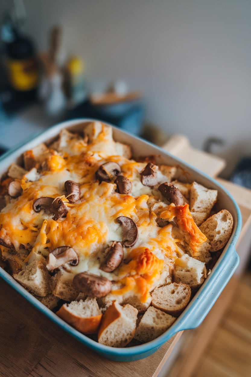 A casserole dish indoors with cubed bread, visible mushrooms, and bubbly cheese on top, photographed slightly overhead, no text or logos.