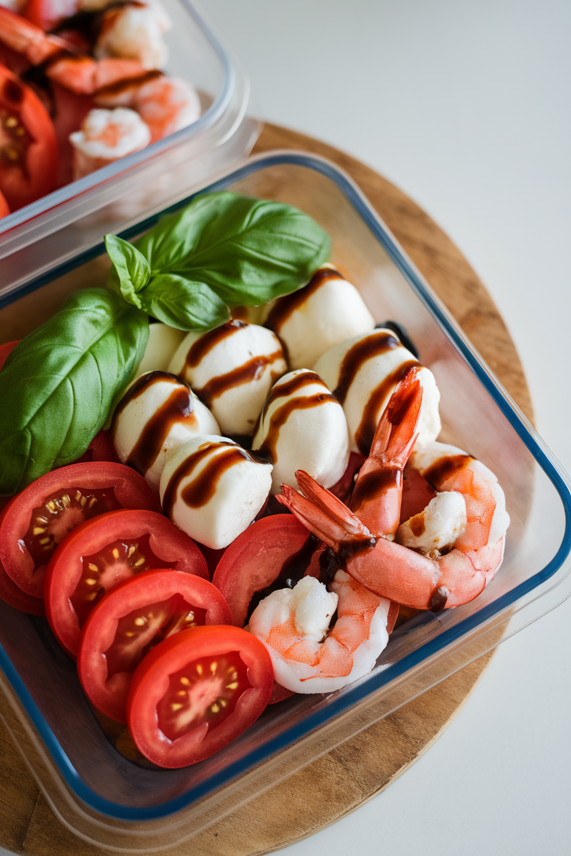 Indoor meal-prep box photo of sliced tomatoes, mozzarella pearls, basil leaves, and cooked shrimp drizzled with balsamic; bright overhead light, no text or logos.