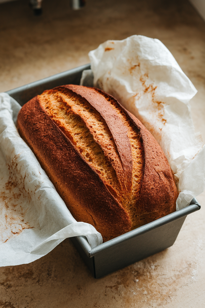 An indoor countertop featuring a loaf pan of teff sandwich bread just removed from the oven, parchment paper peeling back. No text or logos. Photo only.