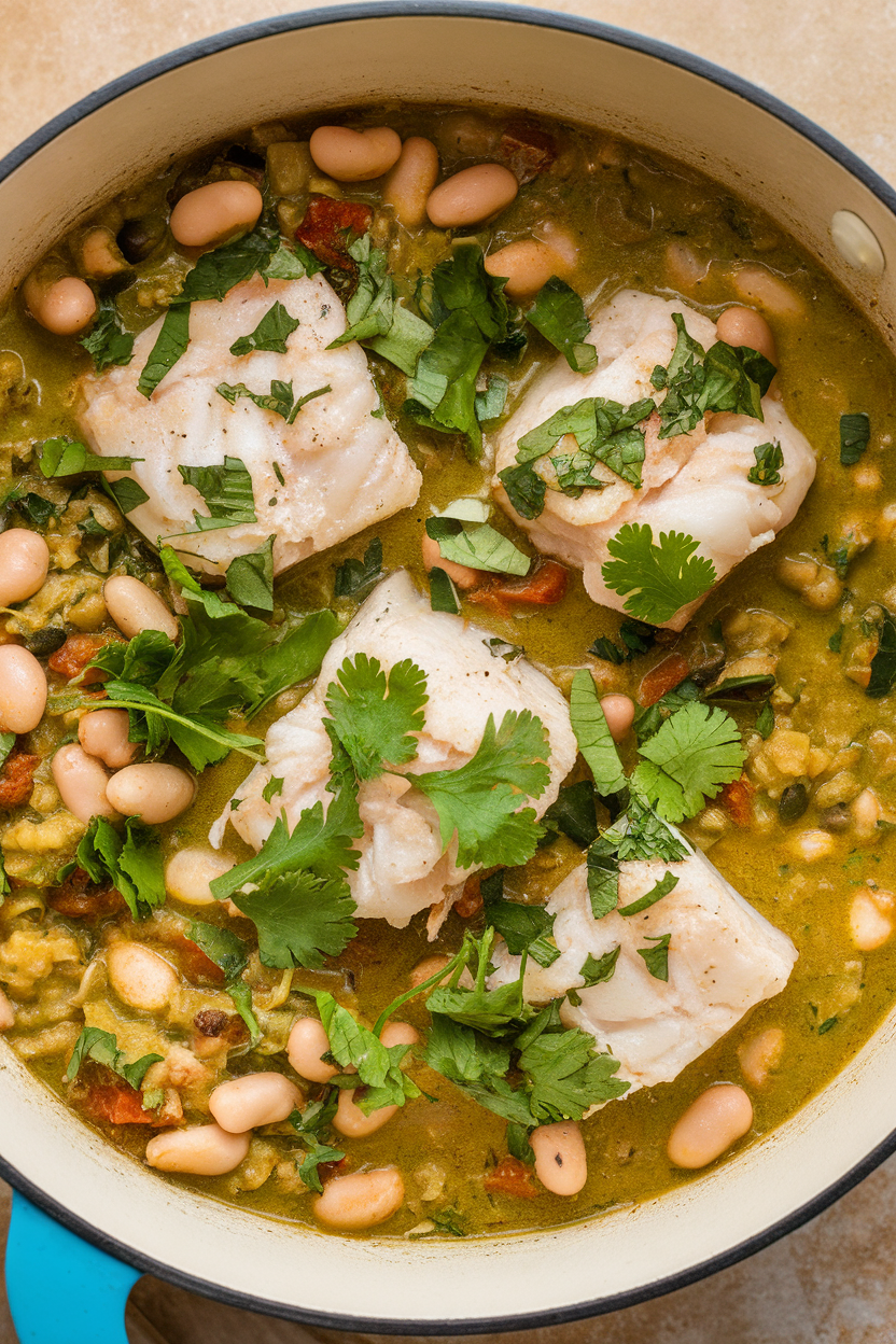 Indoor photo of flaky haddock pieces in a green salsa chili with white beans, cilantro garnish; no text or logos.