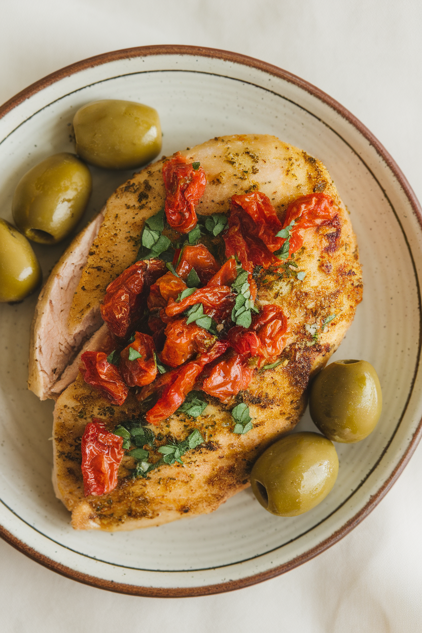 Indoor plate featuring air-fried chicken breast topped with chopped sun-dried tomatoes and herbs, olives on the side, overhead view. No text or logos.